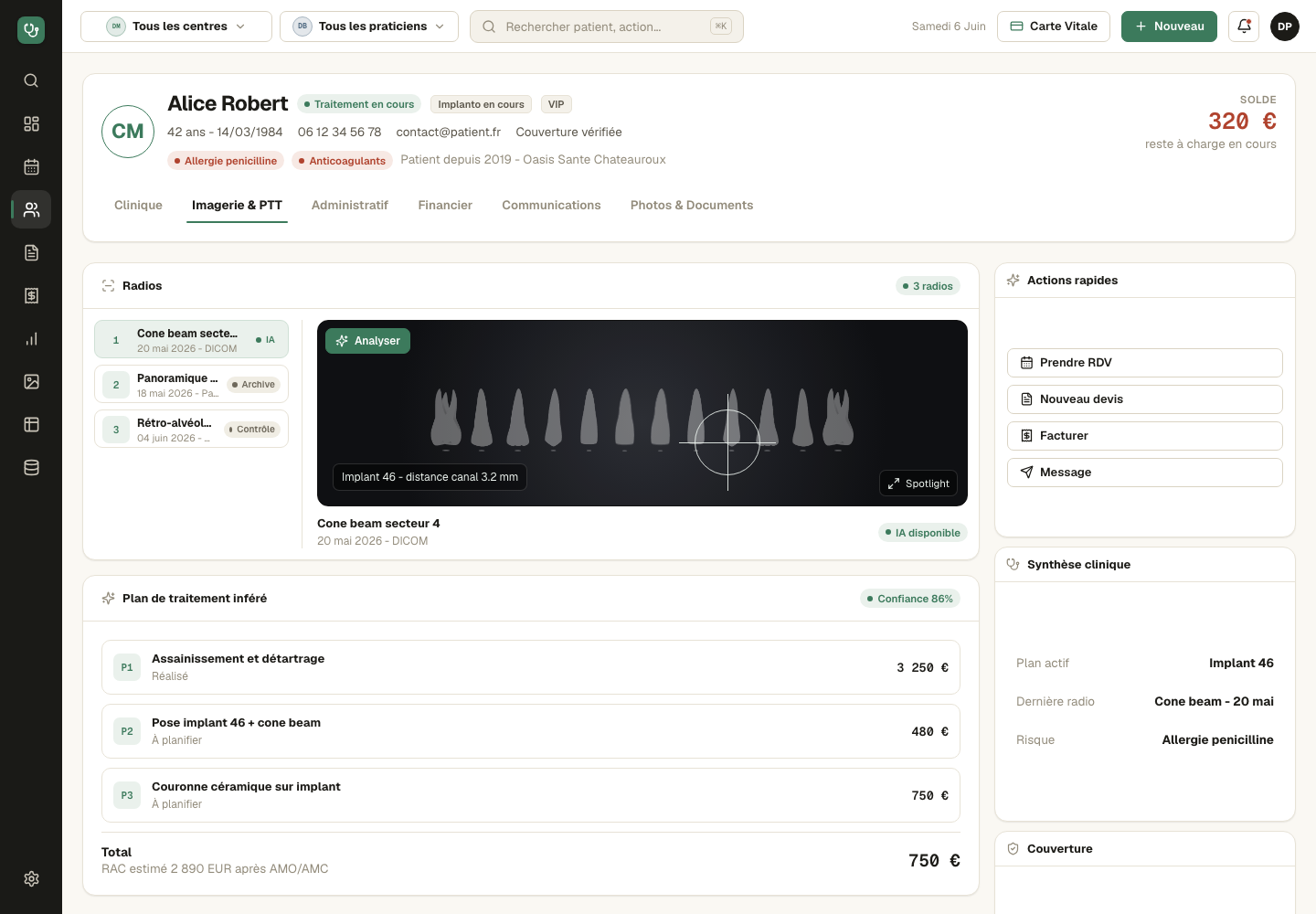 Imagerie connectée — détections IA et plan de traitement inféré avec score de confiance
